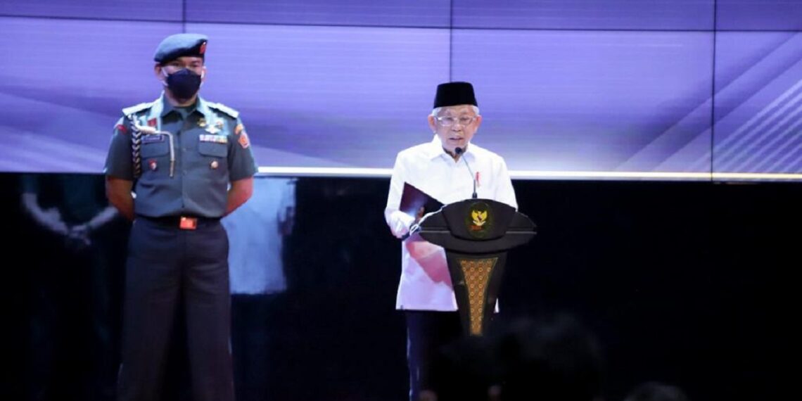 Wakil Presiden RI KH Ma’ruf Amin saat memberikan arahan dalam acara Penandatanganan Nota Kesepahaman Percepatan Penyelenggaraan MPP di Jakarta, Selasa (28/06). FOTO: ISTIMEWA