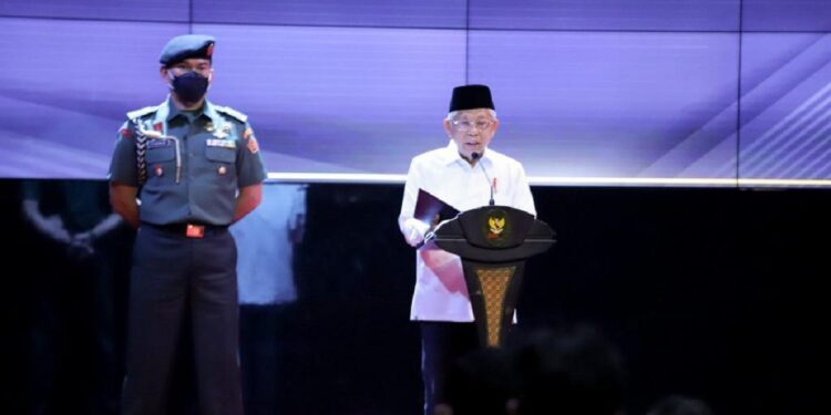 Wakil Presiden RI KH Ma’ruf Amin saat memberikan arahan dalam acara Penandatanganan Nota Kesepahaman Percepatan Penyelenggaraan MPP di Jakarta, Selasa (28/06). FOTO: ISTIMEWA
