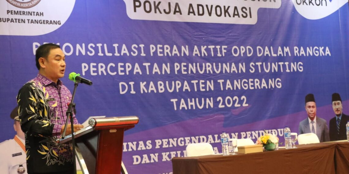 Wakil Bupati Tangerang Mad Romli saat membuka acara Rekonsiliasi Tim Percepatan Penurunan Stunting (TPPS) Kabupaten Tangerang Banten, di Hotel Lemo Kecamatan Kelapa Dua. (JARKASIH)