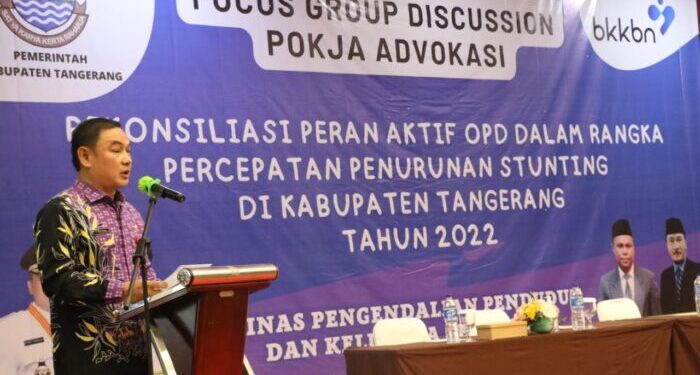 Wakil Bupati Tangerang Mad Romli saat membuka acara Rekonsiliasi Tim Percepatan Penurunan Stunting (TPPS) Kabupaten Tangerang Banten, di Hotel Lemo Kecamatan Kelapa Dua. (JARKASIH)