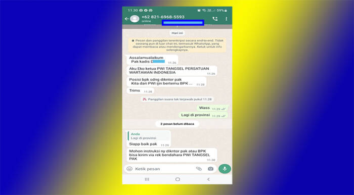 Screenshot bukti percakapan melakui pesan Whatsapp antara oknum penipu dengan salah satu pejabat di Tangsel. FOTO: ISTIMEWA