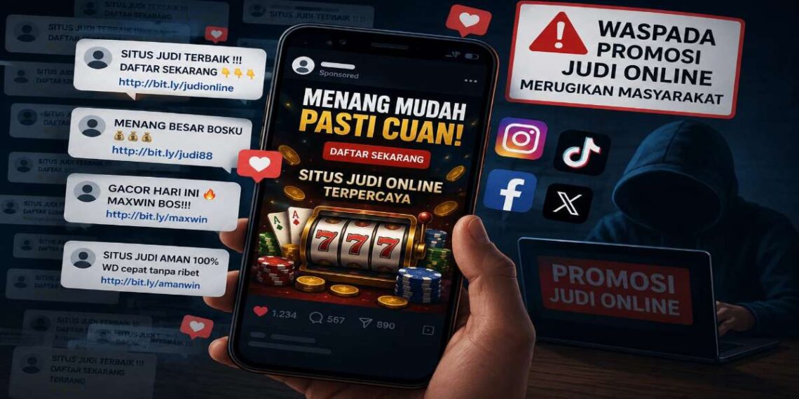 Promosi judi online (judol) semakin marak di berbagai platform media sosial. Pelaku tidak hanya mengunggah konten promosi, tetapi juga menyebarkannya melalui kolom komentar, pesan pribadi, dan akun khusus.