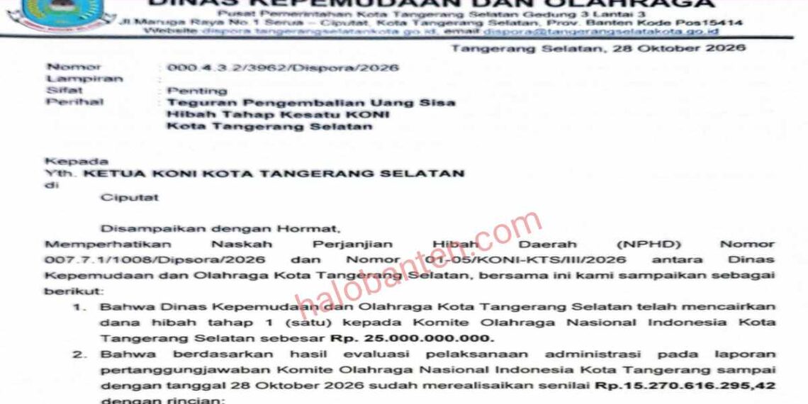 Mengejutkan! Dispora Tegur KONI Tangsel Kembalikan Dana Hibah Rp9,72 Miliar Jelang Porprov Banten 2026 Picu Kekecewaan Pengurus Cabor
